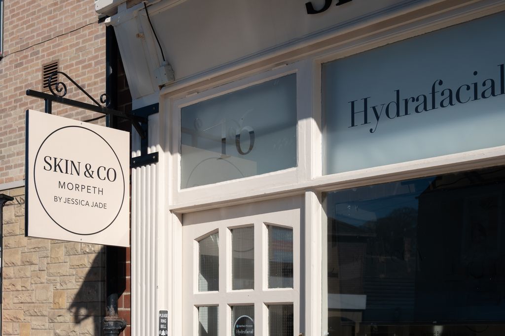 Skin & Co Morpeth sign beside the Hydrafacial window at 16 Oldgate